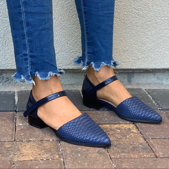 Navy Snake Embossed Pointy Toe Mary Jane Loafer - Picture 7 of 7